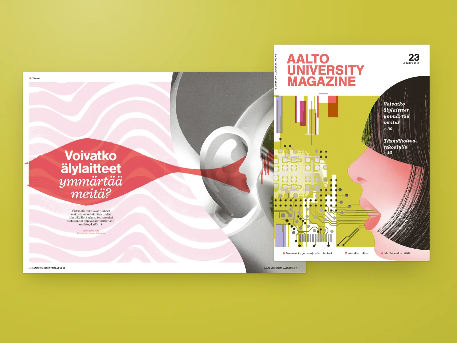 On a chartreuse stage: an open spread with a coral headline over pink wave lines and a grey illustration of an ear, next to the October issue cover with its coral masthead.