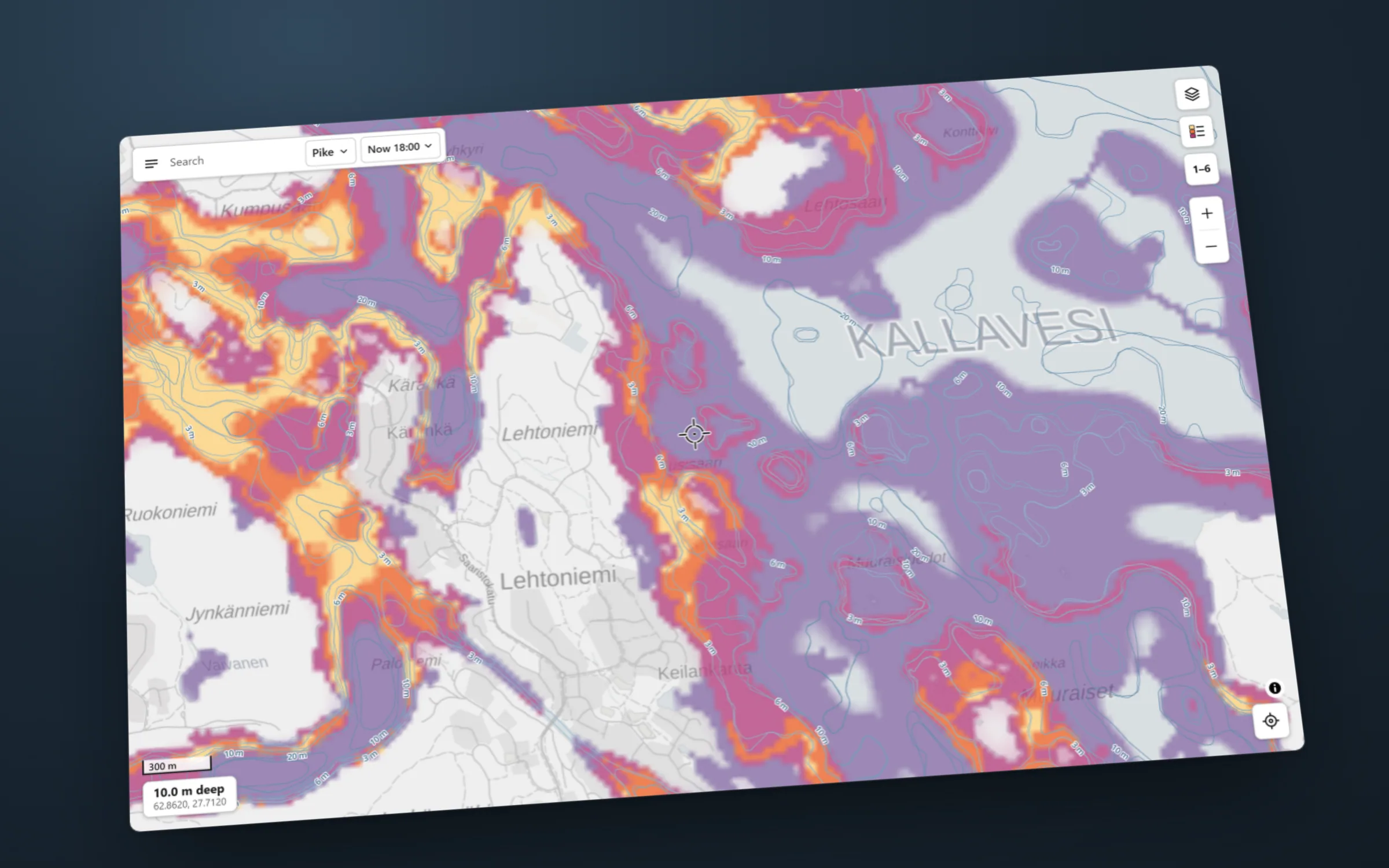 Nappa’s map of Kallavesi laid on a dark lake-blue stage at a slight angle: water coloured from lilac through magenta and orange to pale gold by how good it is for pike, with depth contours and place names.