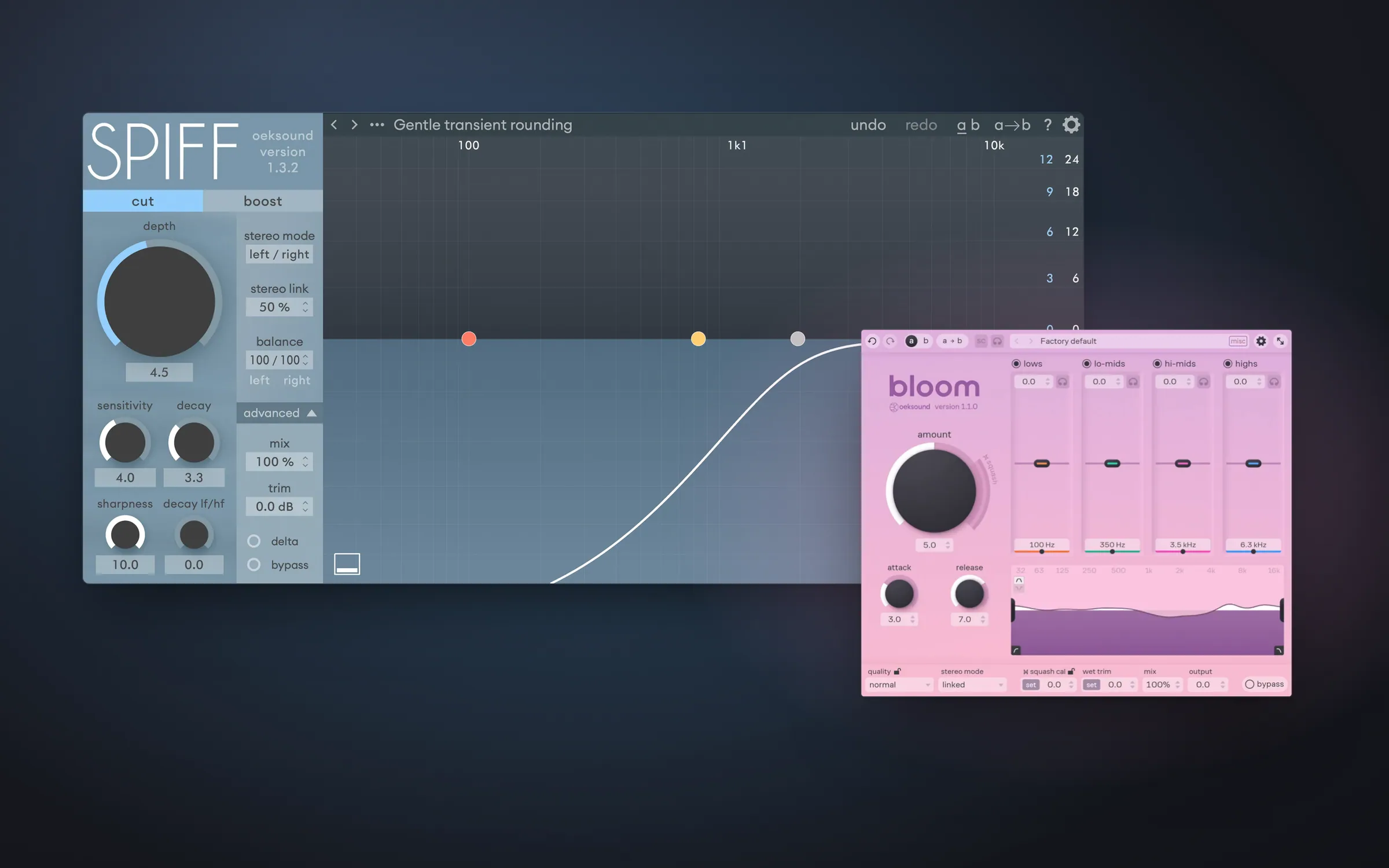 On a dark studio-blue stage: the spiff plug-in window large, with its depth knob and a white transient curve, and the pink bloom plug-in overlapping its lower right corner.