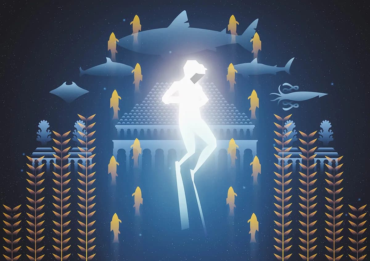 Vector illustration of a glowing diver descending in front of a sunken arched temple, surrounded by sharks, a manta ray, golden fish and seaweed in deep blue.