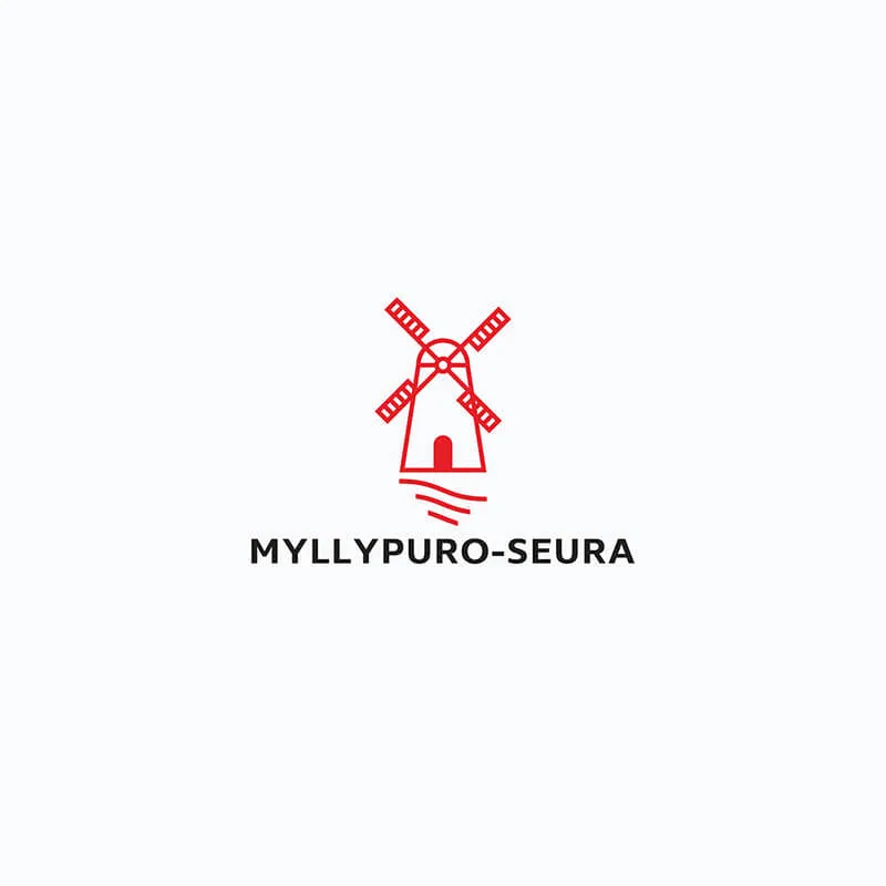 Myllypuro-Seura logo: a red line-drawn windmill above water lines, with the name in dark capitals below.