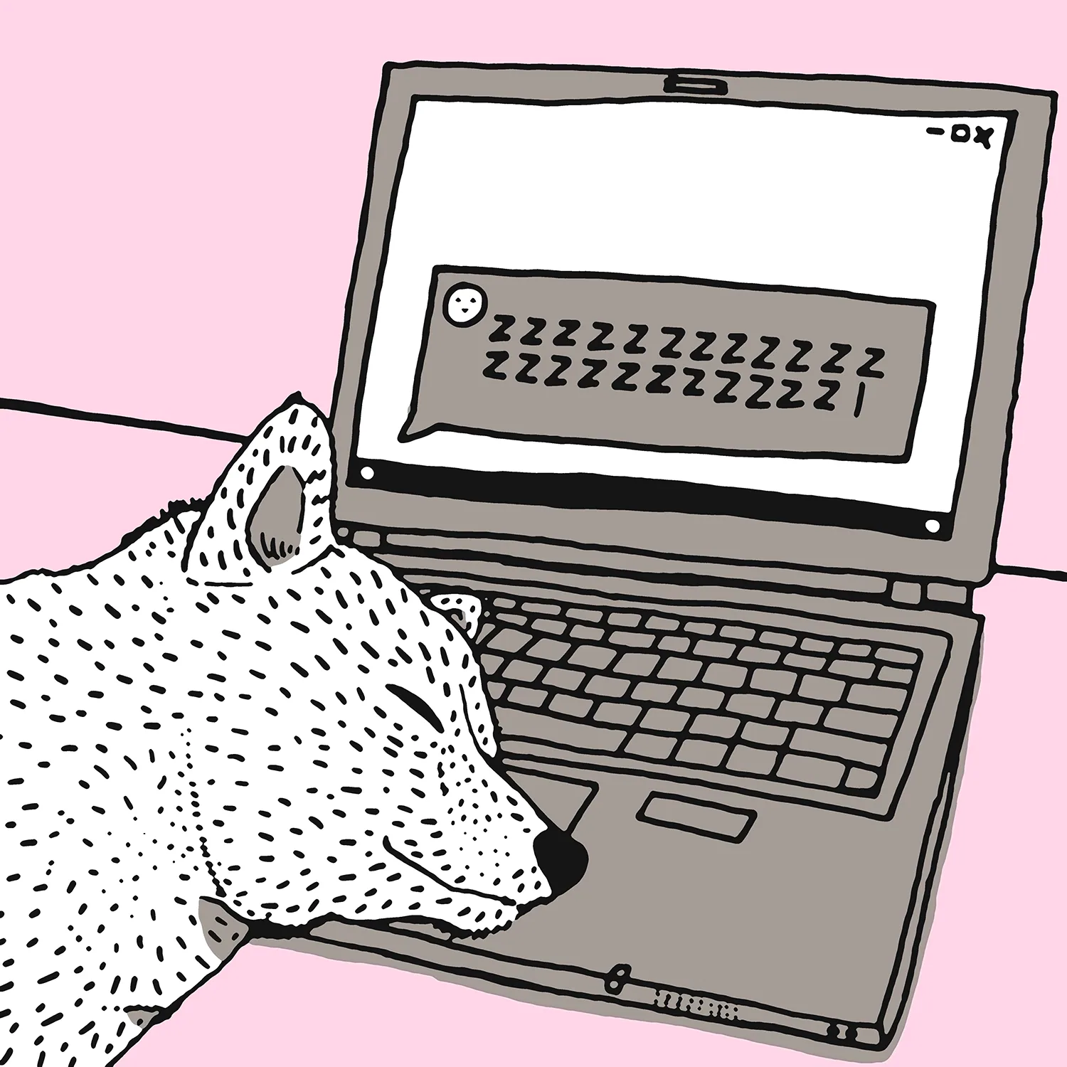 Ink illustration of a speckled dog asleep with its head on a laptop keyboard, the screen showing a chat bubble full of z’s, on pink.