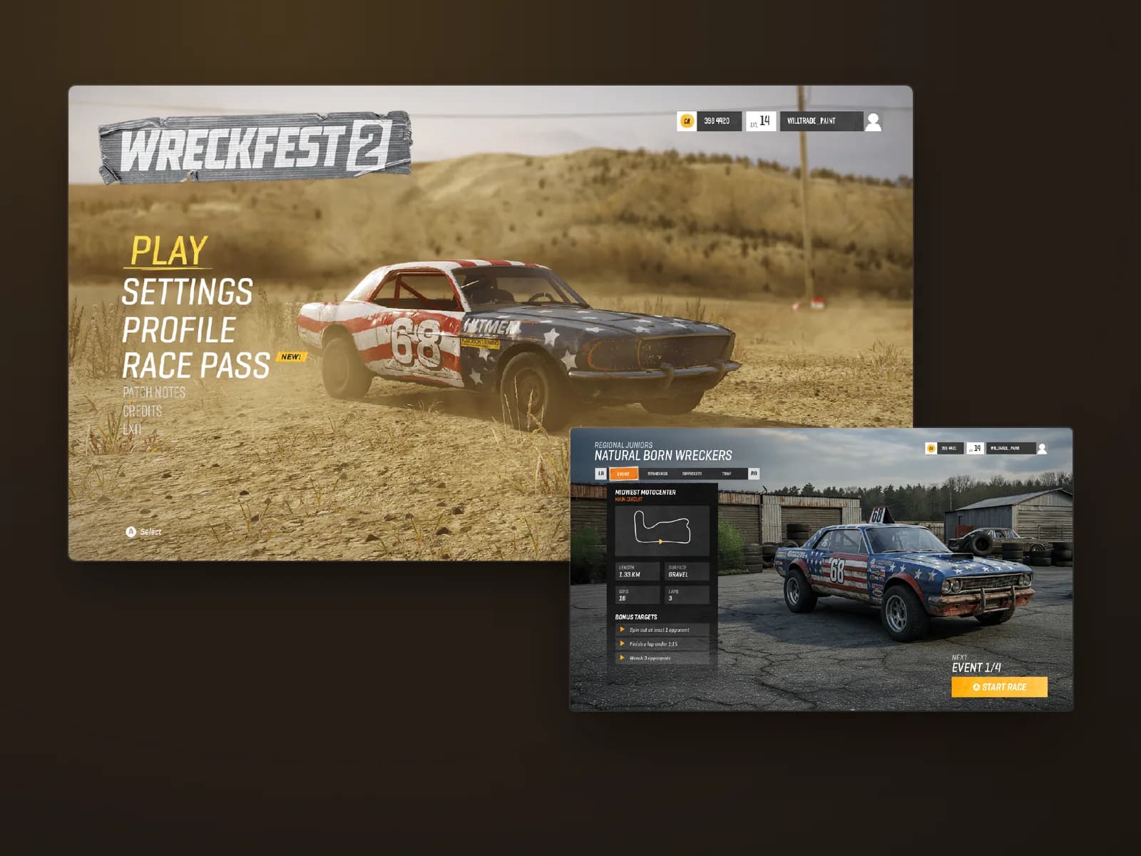 On a rust-black stage: the main menu concept with a battered stars-and-stripes car in a dusty field and the menu items in condensed italic type, overlapped by the pre-race screen with its event panel and an orange Start race button.